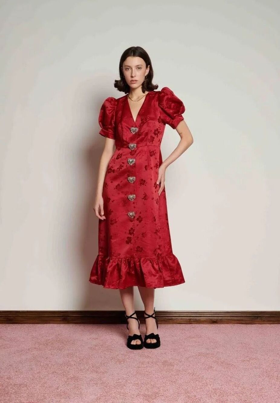 Sister Jane Women’s Red Carnival Hearts Puff Sleeve Midi Dress